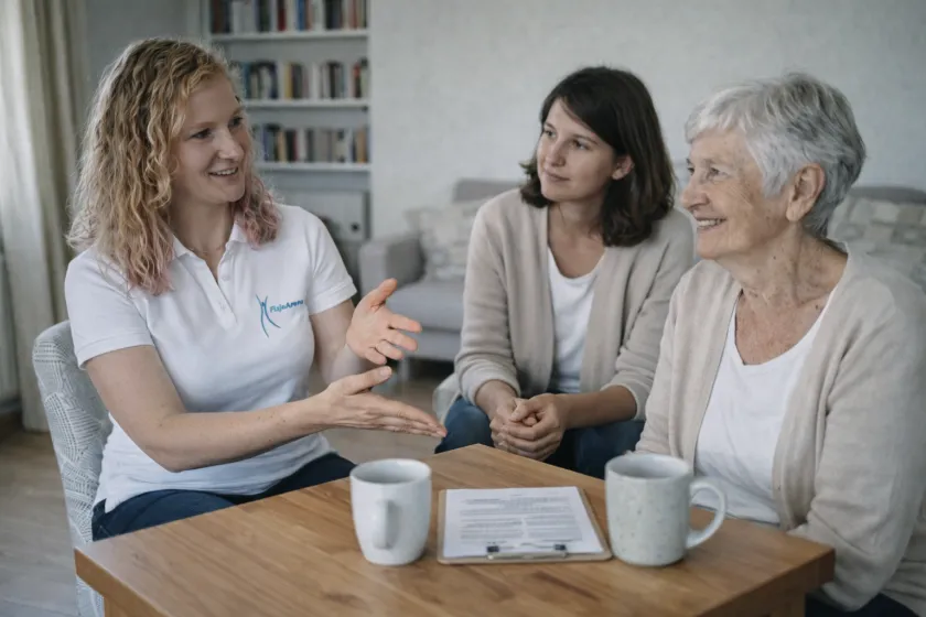 Fizjoterapeutka rozmawia z rodziną pacjenta o planie rehabilitacji